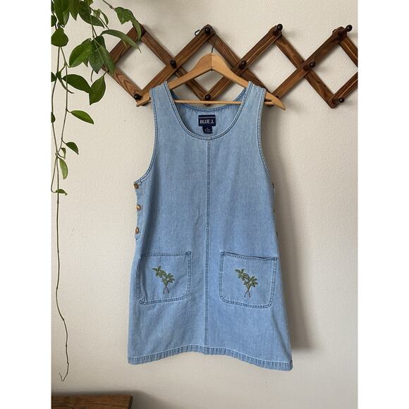 Blue J. Dresses & Skirts - Vintage 90s Jumper Denim Dress Sz M Blue Chambray Womens Buttons Palm Trees